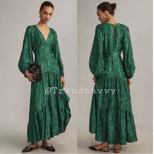 ANTHROPOLOGIE Farm Rio Floral Jacquard V-Neck Maxi Dress Green Petite XSP NWT